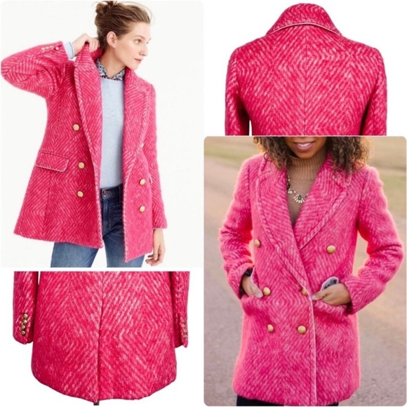 J. Crew Womens Diamond Tweed Peacoat Pink Wool Alpaca Fuzzy Coat Size 0 - Picture 1 of 16